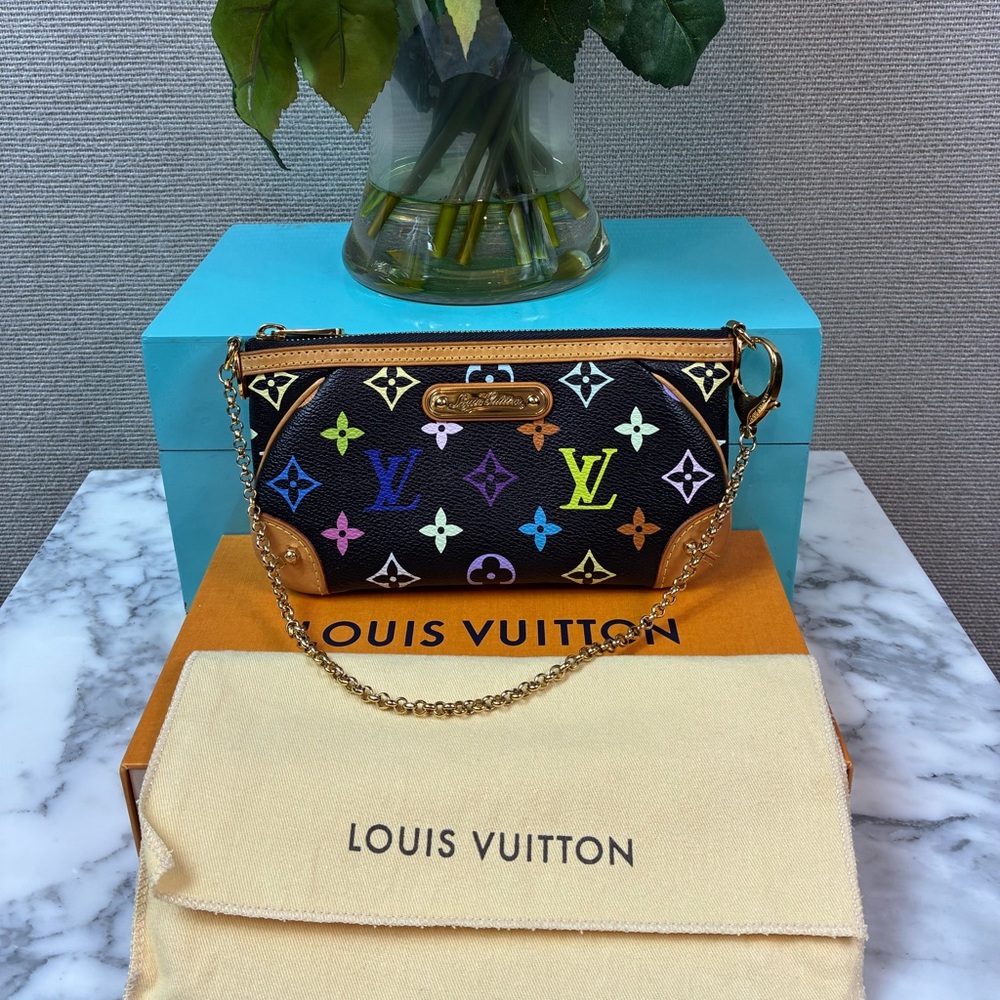Louis Vuitton LV Black Murakami Multicolor Milla MM Clutch Pochette Bag EUC